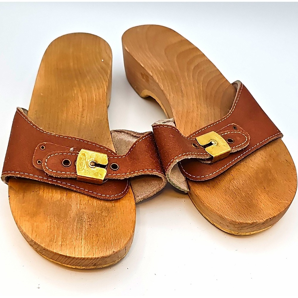 Vintage Dr. Scholl's Original Wooden Exercise Sandals Clogs - Sz 8/8.5